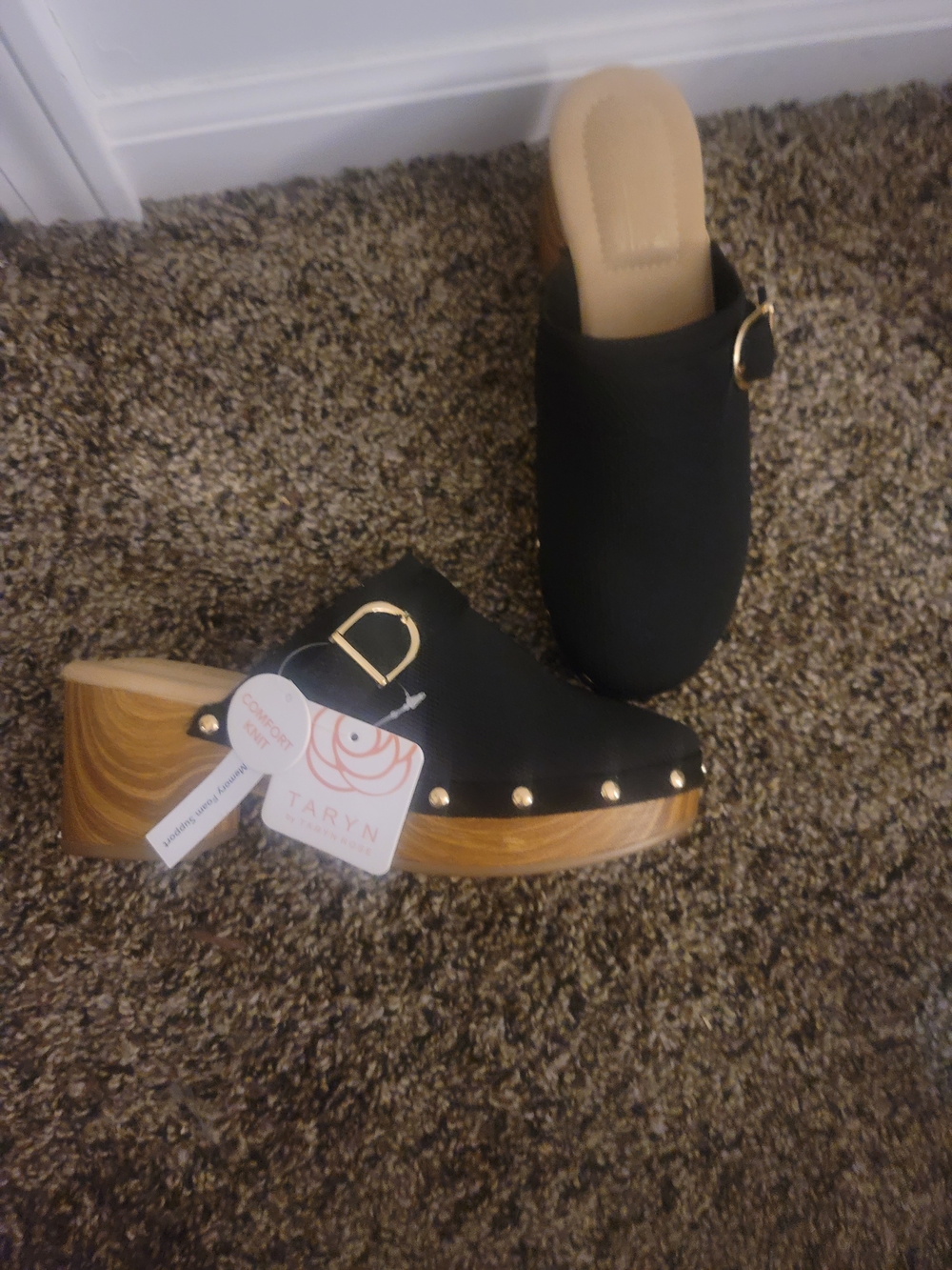Taryn Rose Black Faux-Leather Clog Mules with Gold Buckle & Studs